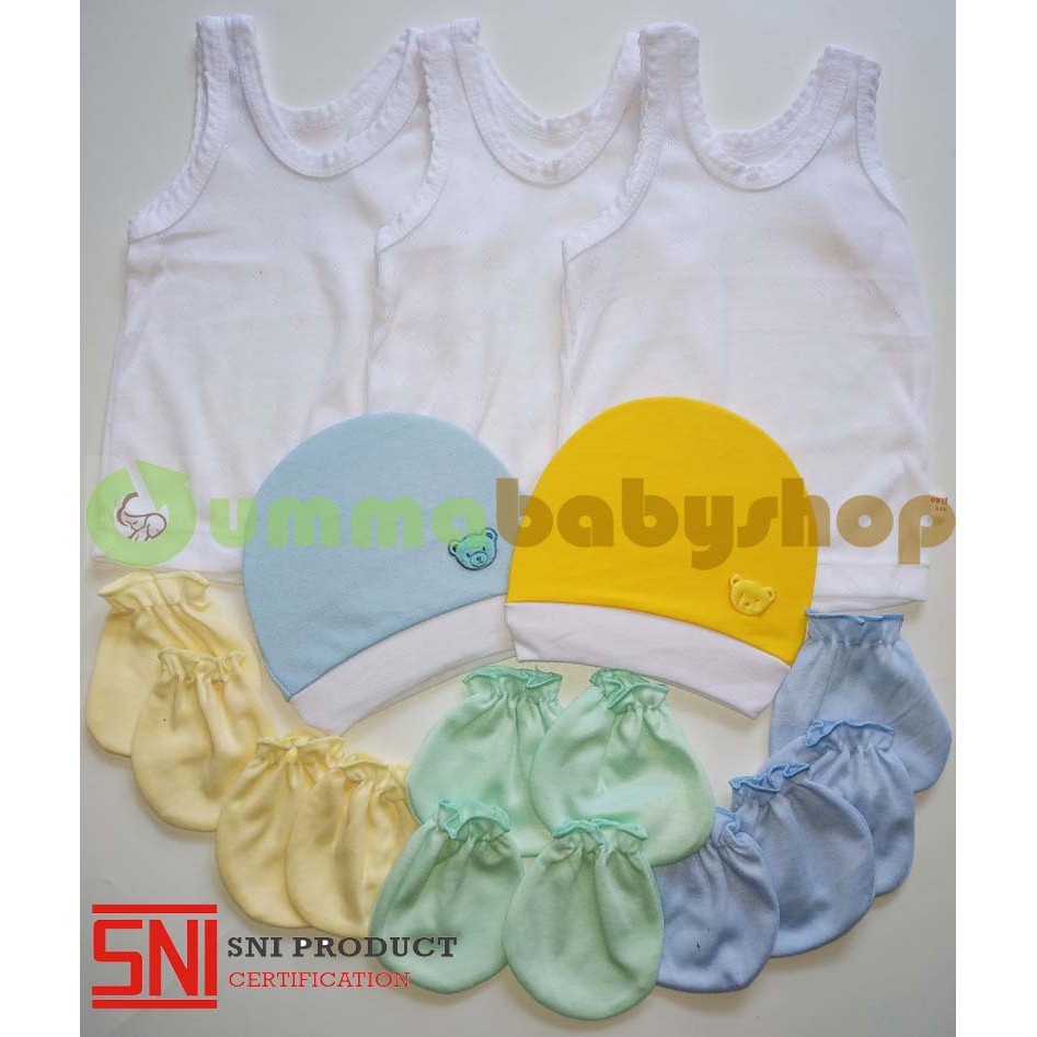 Perlengkapan Bayi Baru Lahir SQ Warna SNI Setelan Bayi Baju Celana Pop Singlet Sarung Tangan Topi