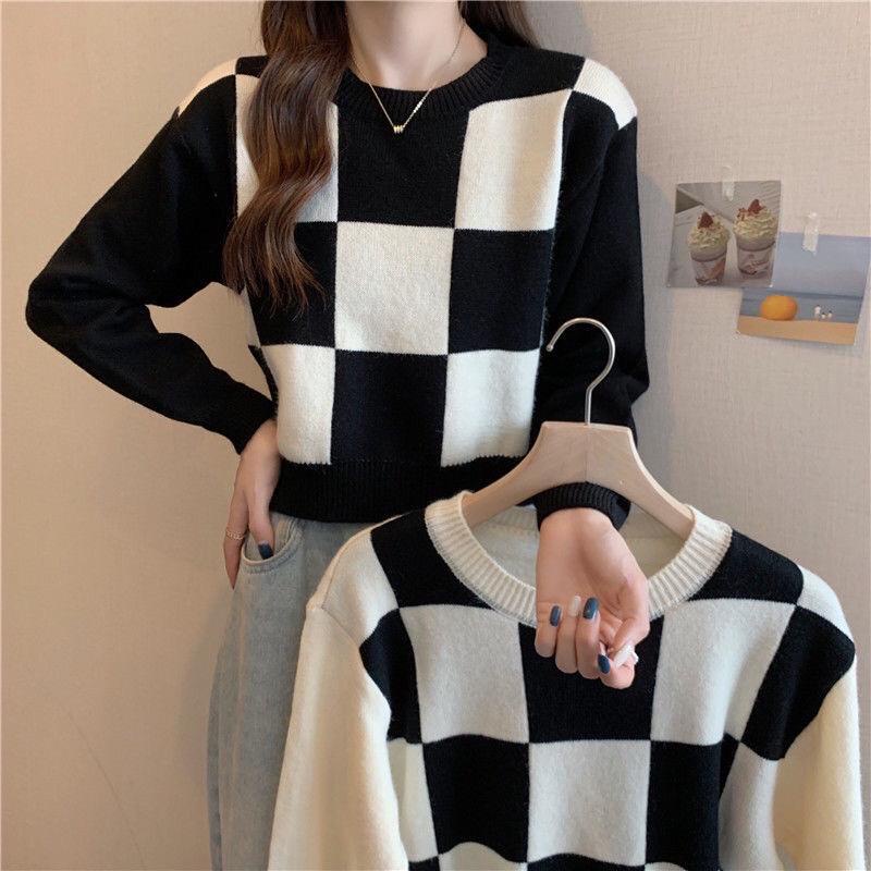 Crop top rajut lengan panjang wanita korea sweater atasan-yikoo/ KOTAK KOTAK SWEATER RAJUT CROP TOP LENGAN PANJANG WANITA/ rajut crop top kotak kotak lengan panjang atasan import sweater korea