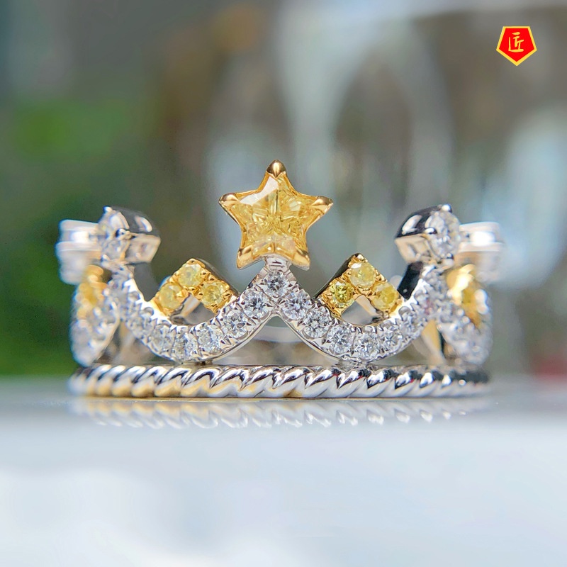 [Ready Stock]Pt950 Inlaid Yellow Diamond Five-Pointed Star Crown Ring