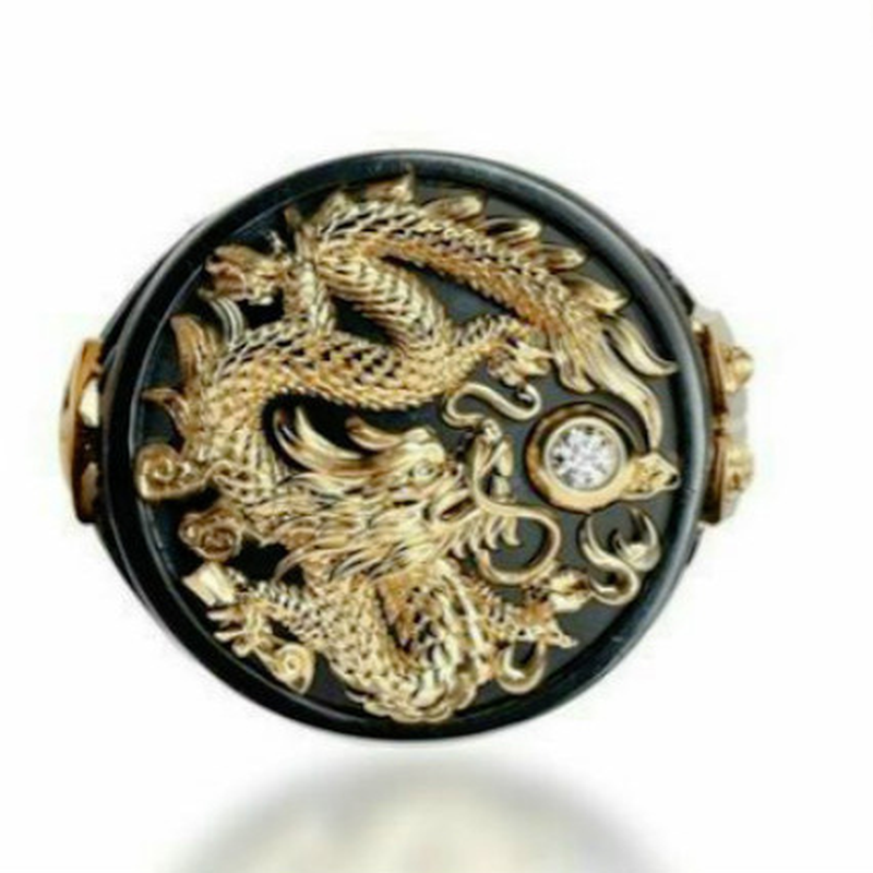 Cincin Desain Naga Mythical Warna Hitam Emas Gaya Hip Hop Punk Untuk Pria