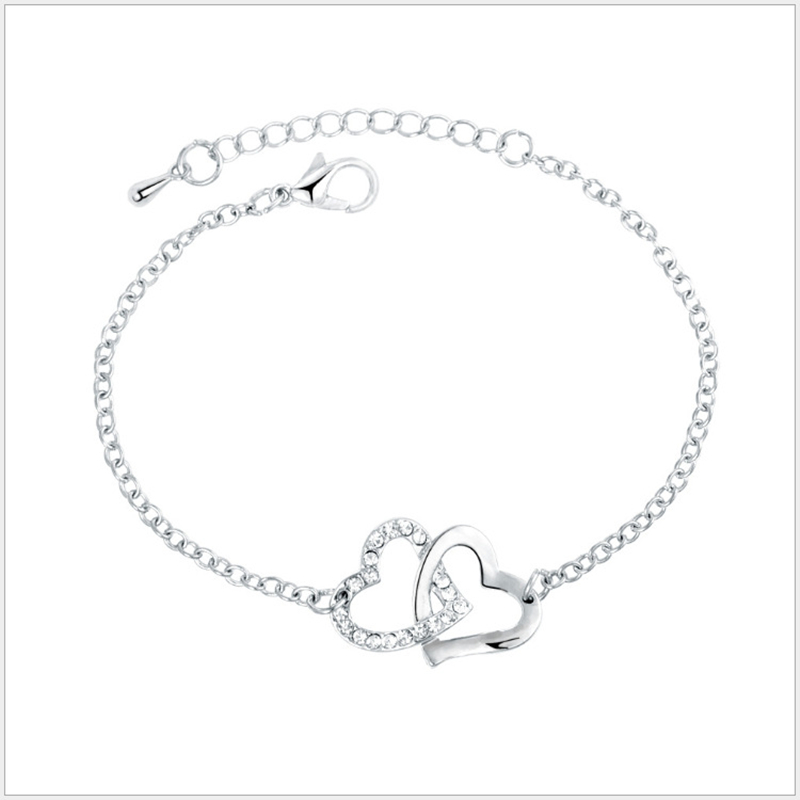 Gelang Desain Hati Ganda Aksen Berlian Warna Rose Gold Dan Silver Gaya Korea