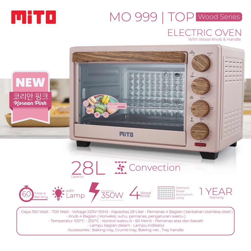 MITO OVEN LISTRIK MO 999/MO-999 28 LITER WOOD SERRIES TERBARU 350W ORIGINAL