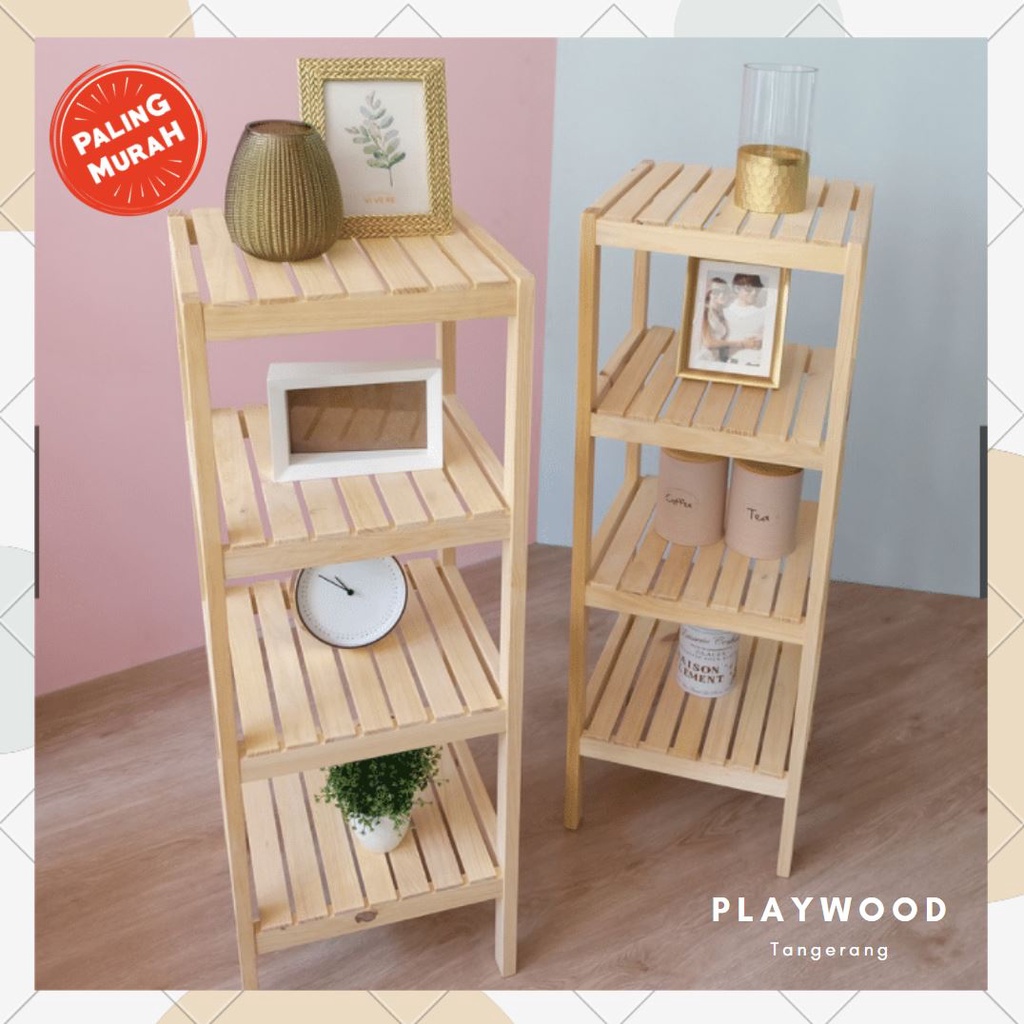 PROMO wooden shelf 4 tingkat / rak kayu / rak susun / rak serbaguna / rak display / rak dapur rak tas wanita / rak kamar mandi