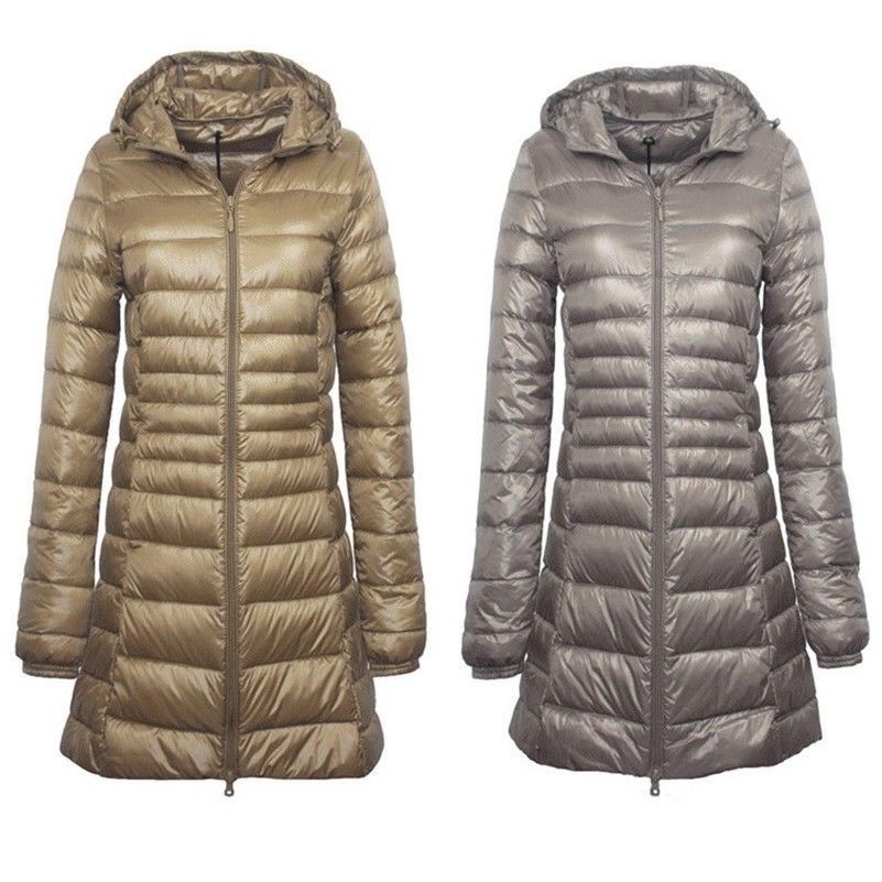 ladies long puffer coat with hood