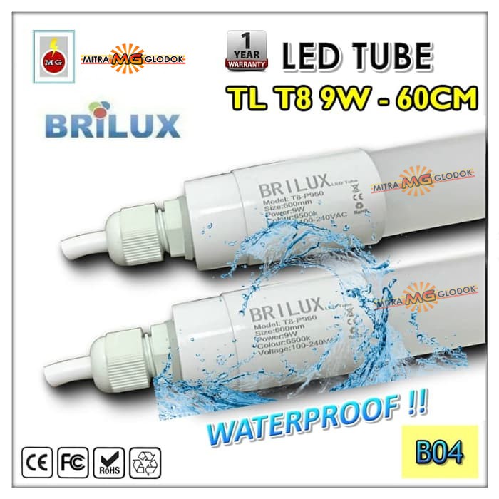 LAMPU LED NEON TL T8 9W WATT 60 CM BRILUX PLASTIK WATERPROOF IP65 AC220V OUTDOOR WHITE (PUTIH) - B04