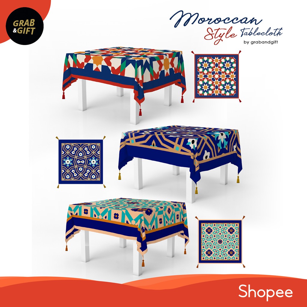 Taplak Meja 100x100 cm Motif Maroko Style Timur Tengah Arab Marocco Turki Motif Lantai Tile Pattern