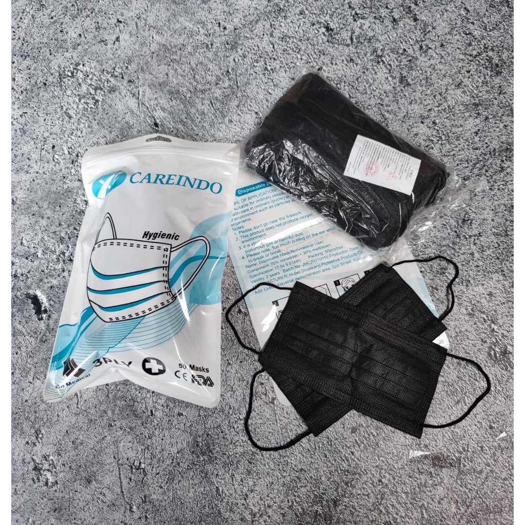 CAREINDO 3PLY POUCH ZIP -  MASKER 3PLY CAREINDO EARLOOP FACE MASK MEDICAL GRADE - BIRU HITAM