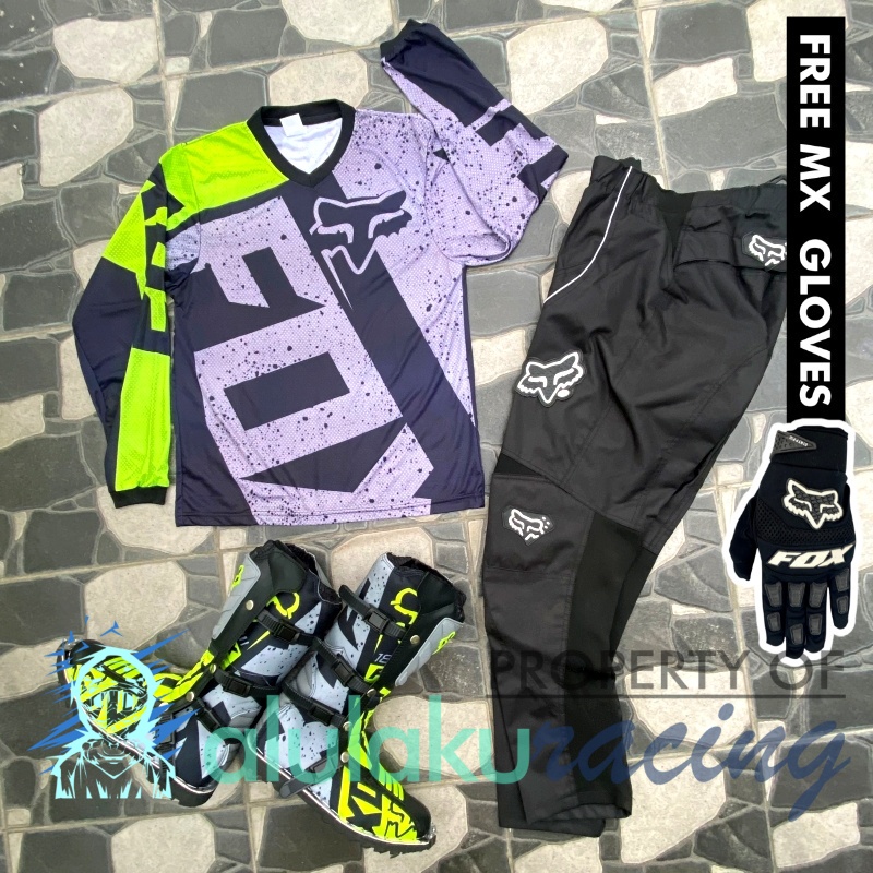 Jersey, Celana, Sarung Tangan &amp; Sepatu Fullprint with Protectors Fullset MX Trail Motocross - Paket Bundling FOCTFF030101-F41