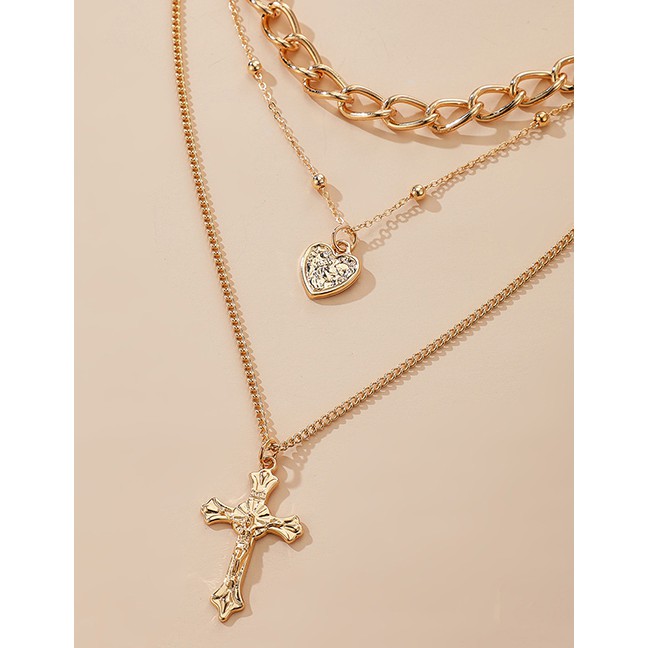 LRC Kalung Fashion Gold Color Alloy Cross Love Multilayer Necklace K92748