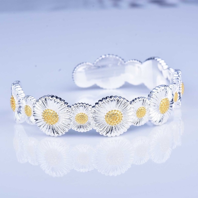 Italian Handmade Brushed Craft Vintage Daisy Palace Style 925 Silver Bracelet