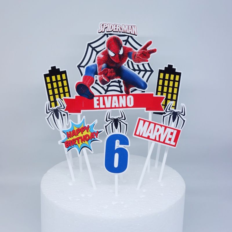 Cake Topper 3D Custom Nama Karakter Spiderman Marvel Superhero Spider Man Superman Ironman Batman - 