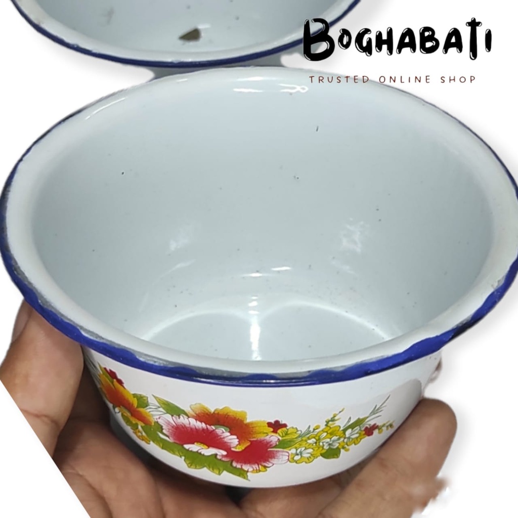 Mangkok Enamel jadul 12cm - Baskom Kobokan Jadul Motif Bunga / Mangkok Stainless