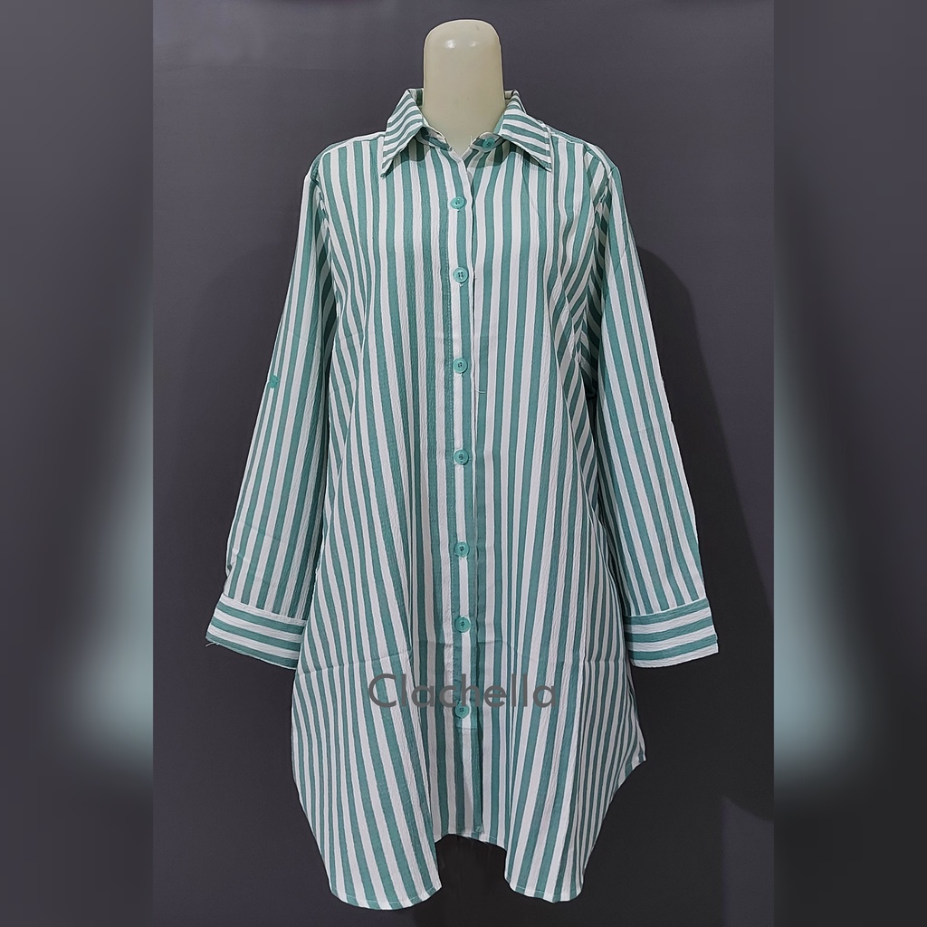 Clachella Baju Tunik Kemeja Crincle Motif Salur, Baju Atasan Wanita T96B8021