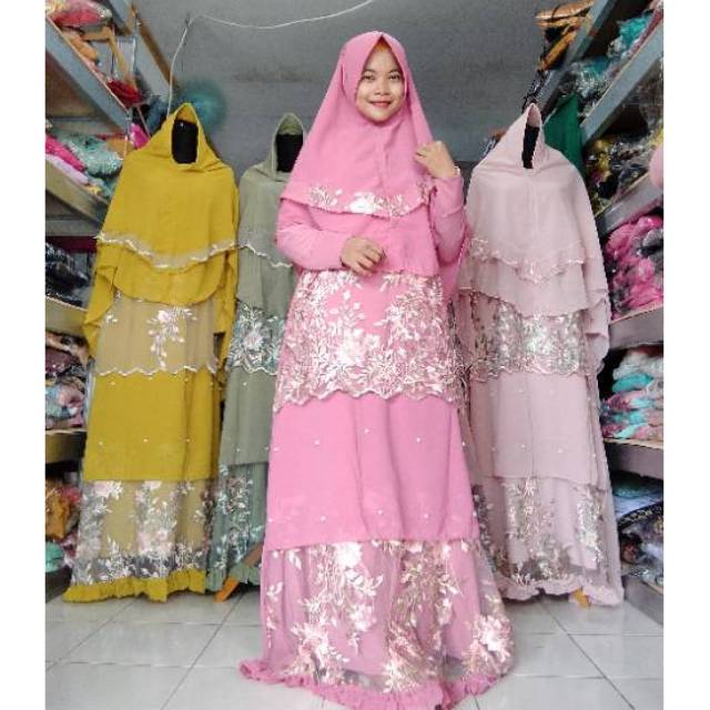 SET GAMIS SYARI BAJU MUSLIM PESTA MEWAH MAKASSAR TILE BORDIR BROKAT 3D JUMBO KHIMAR CERUTY PET ANTEM