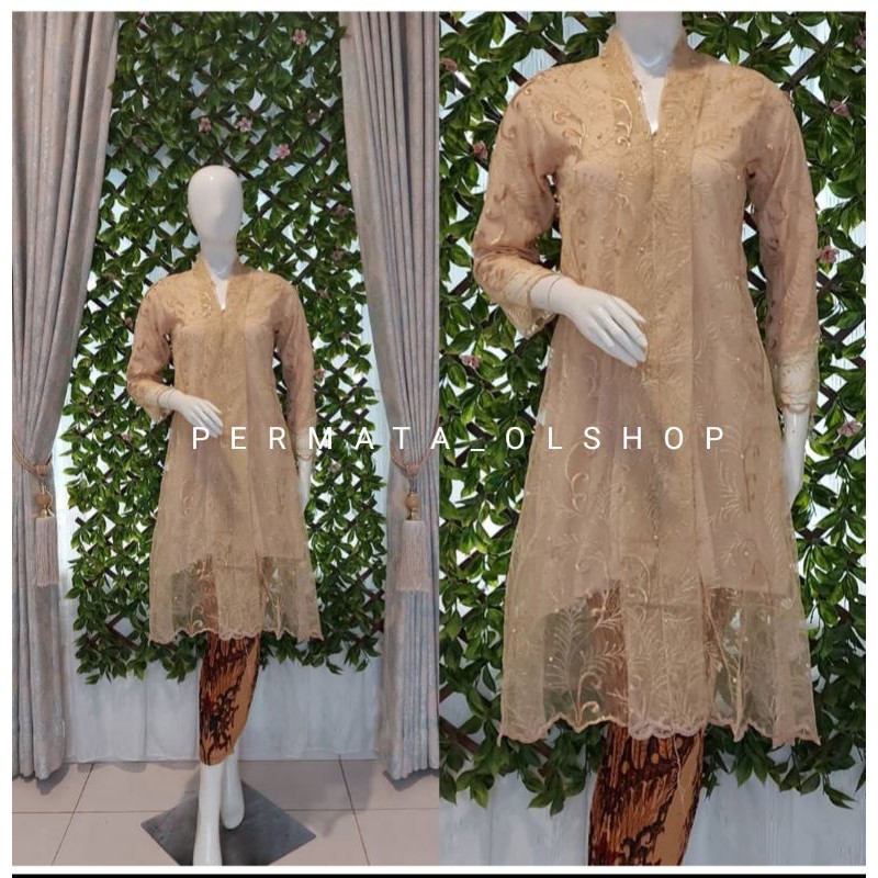 Kebaya Moderen Tulle - Kebaya Tunik Tulle Busui - Kebaya Terbaru - Kebaya Tunik Floy Kutu Baru - Kebaya Seragam - Kebaya Busui-Cream