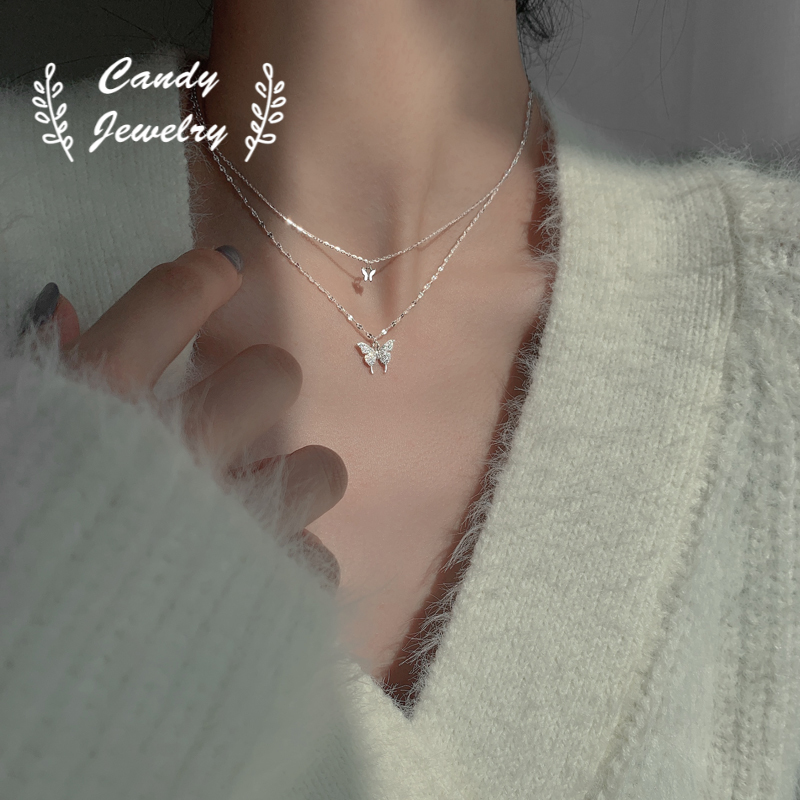 Korea Indah Double Layer Berlian Liontin Kalung Kupu-Kupu Untuk Wanita Fashion Perhiasan Hadiah Perhiasan Permen