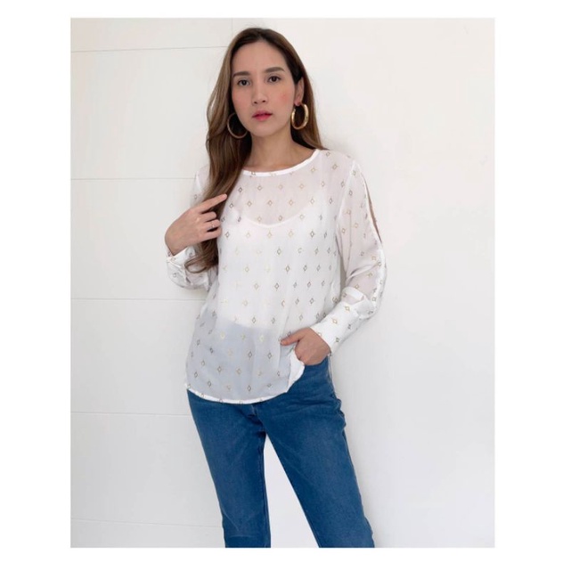 H*m white diamond print longsleeve blouse