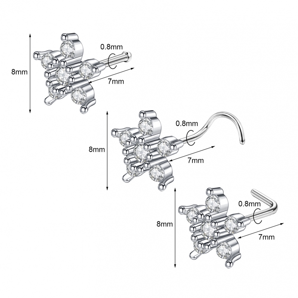 1pc Cincin Tindik Hidung Bentuk L Desain Bunga Butterfly Bahan Stainless Steel 20g Hias Kristal Zircon