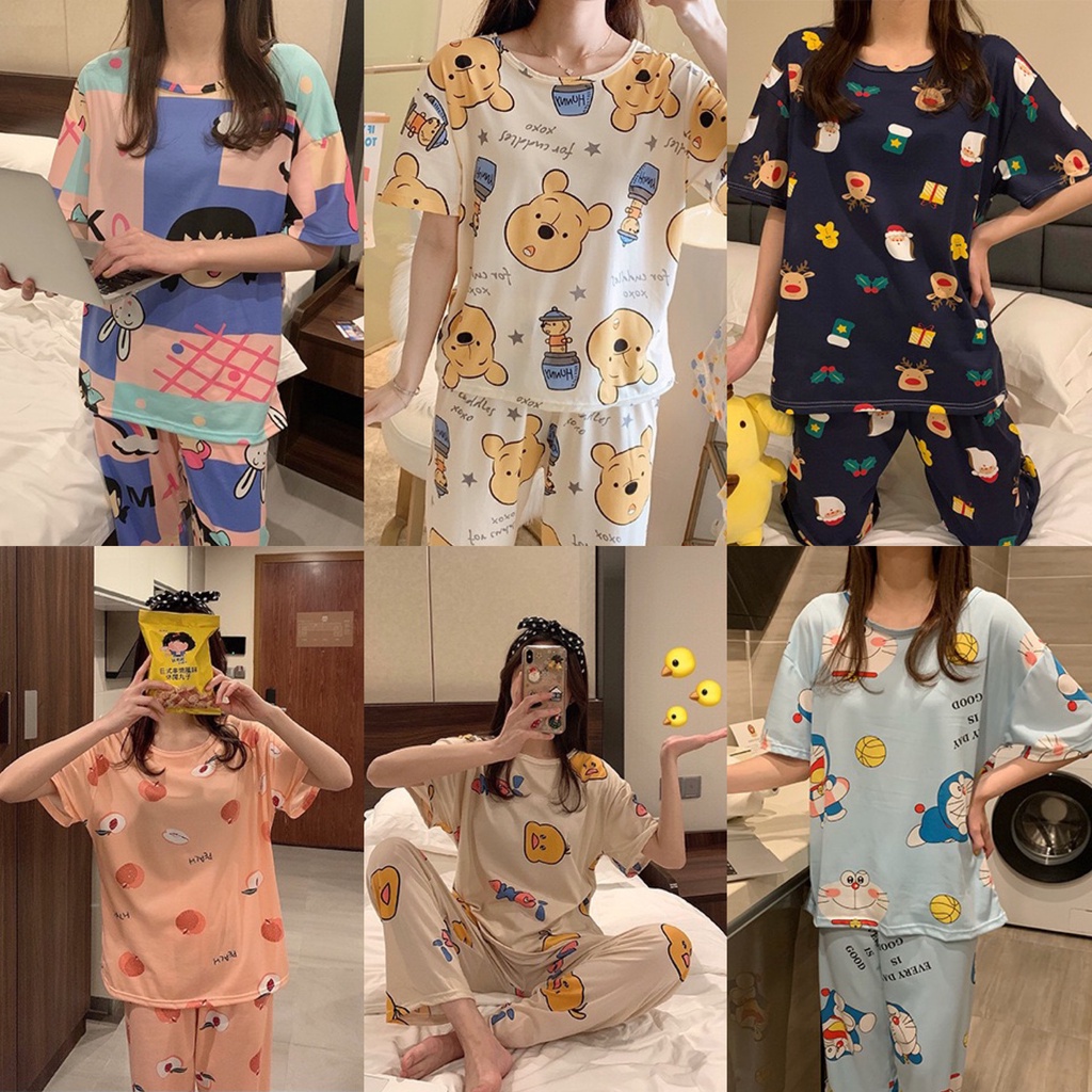 Baju Tidur Oversize Piyama Set Lengan Pendek Celana Panjang Import Pakaian Tidur