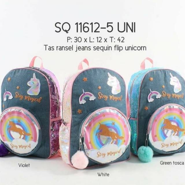 TAS RANSEL JEANS SEQUIN FLIP UNICORN