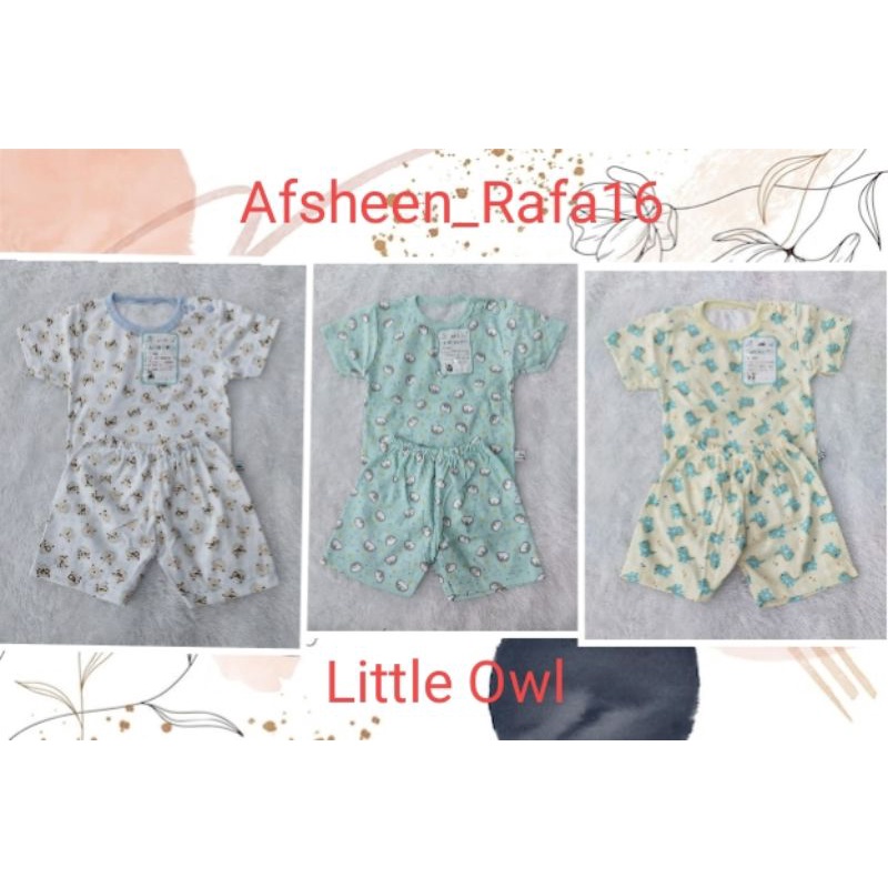 Setelan Oblong Bayi Lengan Pendek Kancing Pundak Merk Little Owl Seri Dino