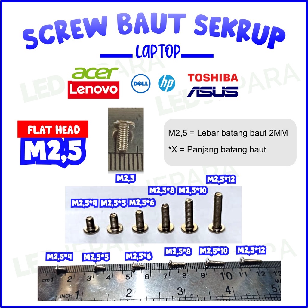 Baut Flat Laptop warna silver warna hitam HP Screw cocok untuk semua Laptop Asus Sekrup Laptop Lenovo Skrup  Notebook Flat Head Baut Kepala Datar Warna HItam Chrome