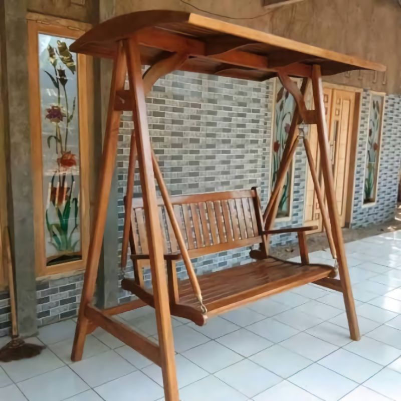 BANGKU AYUNAN KAYU JATI MINIMALIS UNTUK TERAS TAMAN DAN HALAMAN UKURAN PANJANG 120 CM