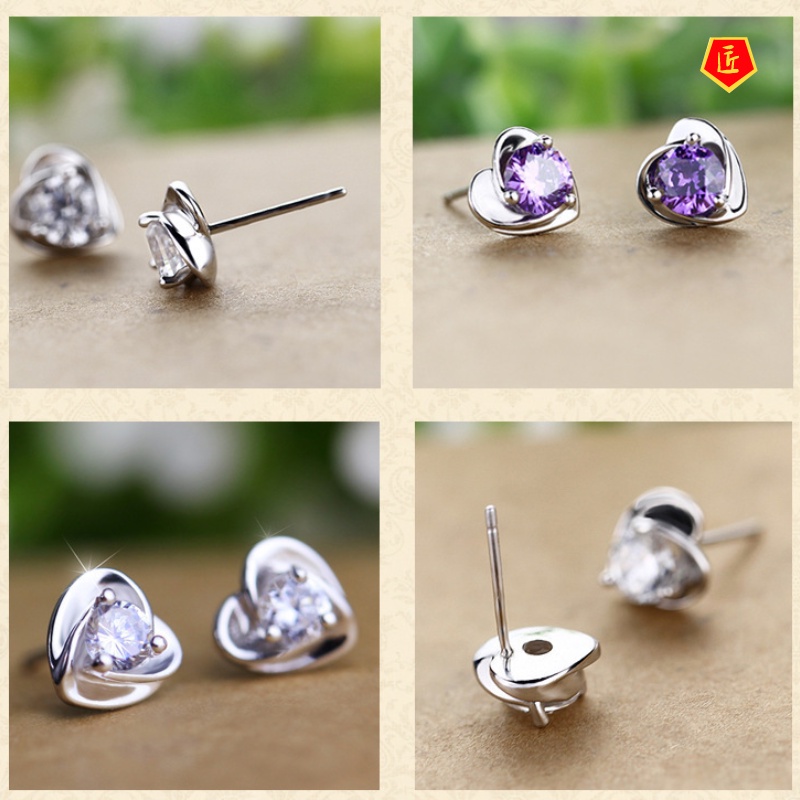 [Ready Stock]Silver Women's Cute Heart Shape Diamond Earrings