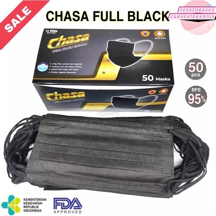 READY STOK MASKER EARLOOP HITAM MERK CHASA FULL BLACK EDITION 3 PLY ISI 50 LBR BAHAN TEBAL