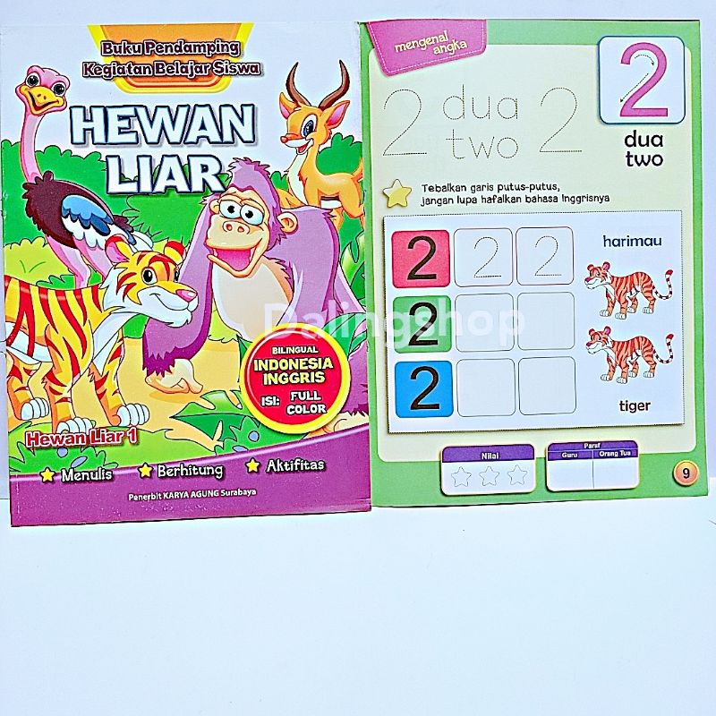 Dalingshop Buku Bilingual Indonesia Inggris Full Color Buku Mewarnai Menulis Berhitung Aktifitas-Hewan liar 1