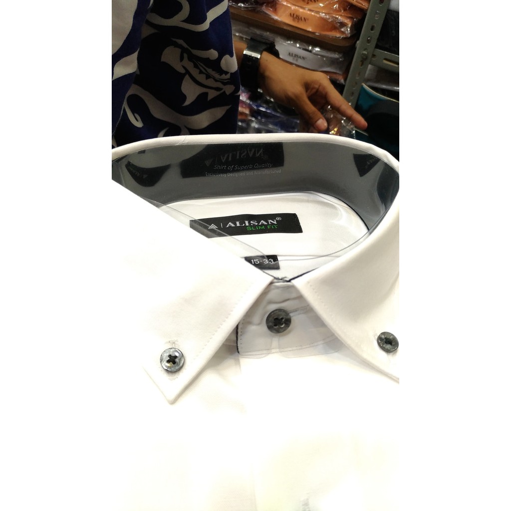 Kemeja Pria Alisan Panjang Slimfit Putih Kombinasi Hitam Kerah Dalam - Putih, S Best Quality