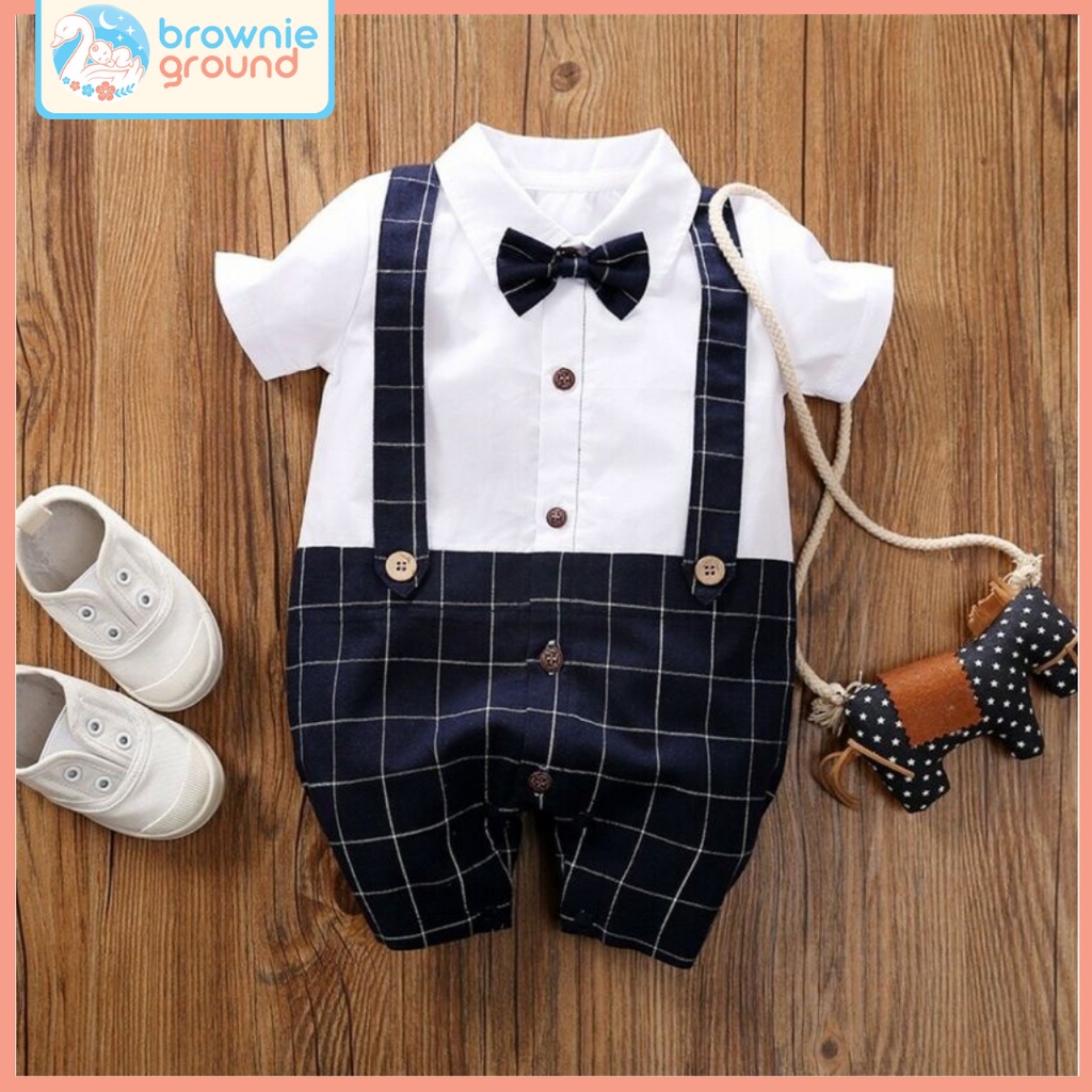 BROWNIEGROUND - Jumper bayi lengan pendek 0-24 BULAN TUXEDO BAYI KOTAK jumpsuit bayi baju bayi impor korea