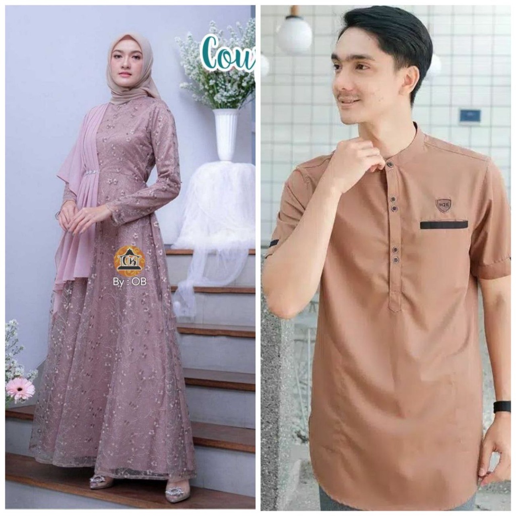 COUPLE GAMIS KOKO LEBARAN HELENA BRUKAT MODERN WANITA 2022 RAMADHAN GAUN  LEBARAN