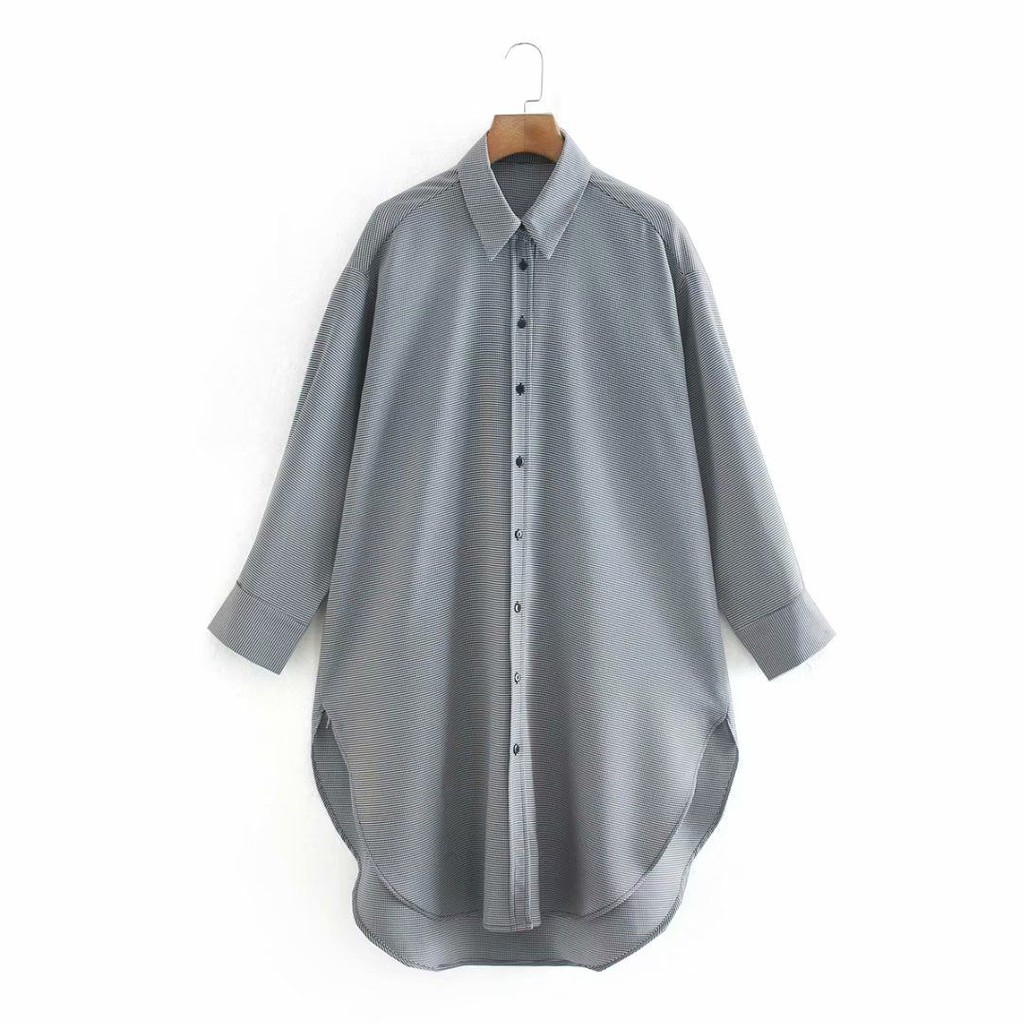 Kemeja Lengan Panjang Wanita Motif Houndstooth Shirt Kemeja Korea Houndstooth Oversize Shirt