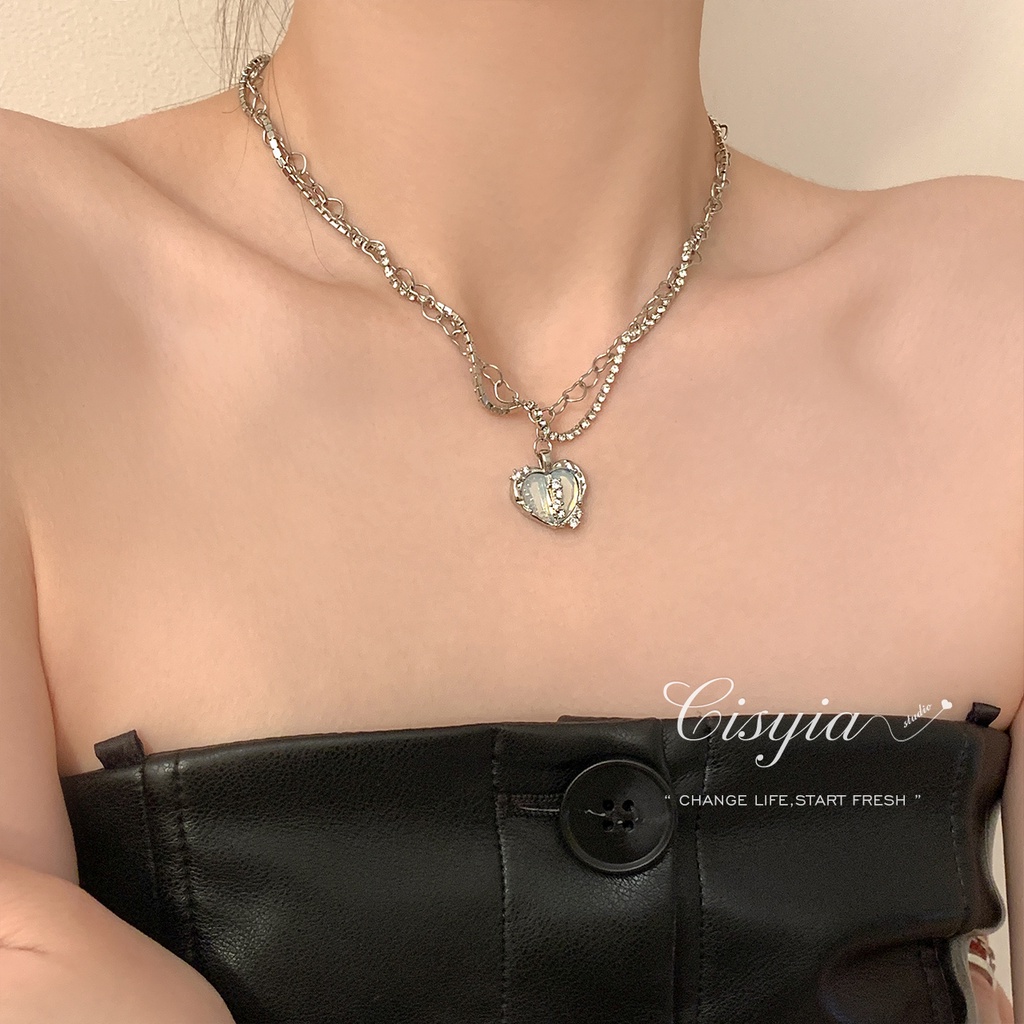 Kalung Choker Rantai Ganda Hias Liontin Hati Kristal Mutiara Warna Silver Untuk Wanita