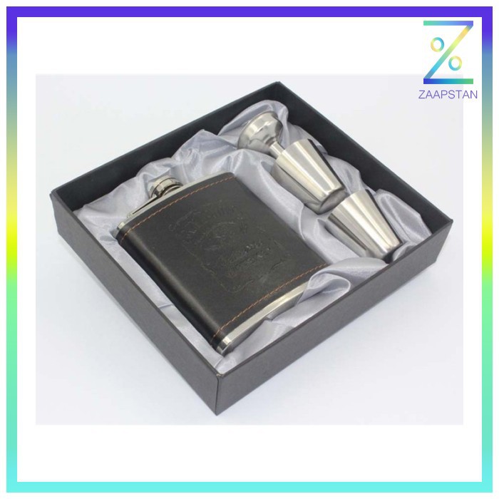 Botol Bir Hip Flask Stainless Steel Leather dengan Shot Glass 7Oz - Bl