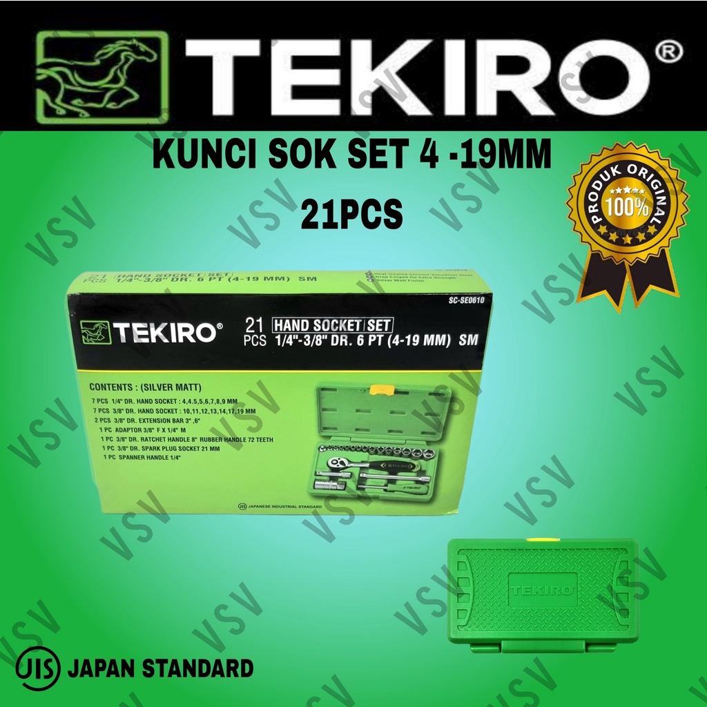 TEKIRO Kunci Sok set 4-19mm 21pcs 1/4&quot;-3/8&quot; Drive Hand Socket set 21pcs