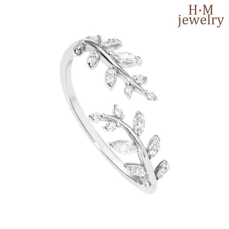 Cincin Model Terbuka Desain Cabang Daun Bahan S925 Silver Aksen Berlian