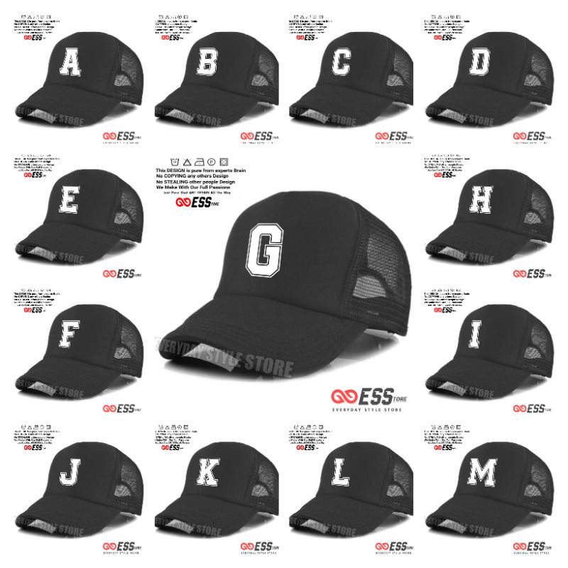 Topi Huruf A-M Trucker Jaring - Topi Inisial Huruf Abjad Alphabet Teks Huruf ABCDEFGHIJKLM