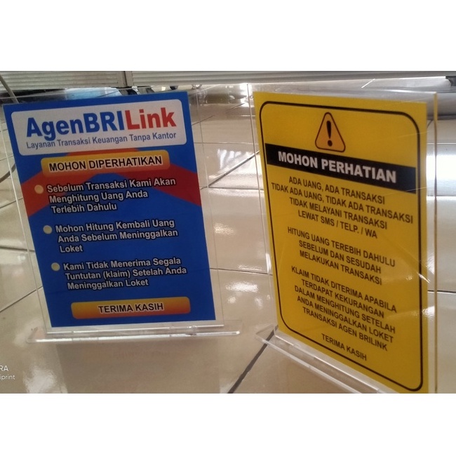 PAPAN PERINGATAN AGEN BRILINK, PAPAN AKRILIK BRILINK, PAPAN MEJA BRILINK, AKRILIK PERHATIAN BRILINK 