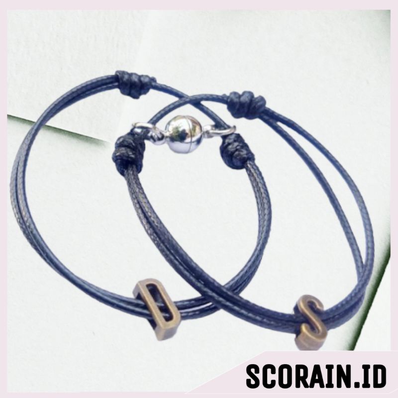 [CUSTOM INISIAL BRONZE] GELANG MAGNET CUSTOM INISIAL PASANGAN 2PCS COUPLE | GEPANG KAPEL PASANGAN NAMA HURIF INISIAL MAGNETIK | GELANG INISIAL TALI HITAM 2MM