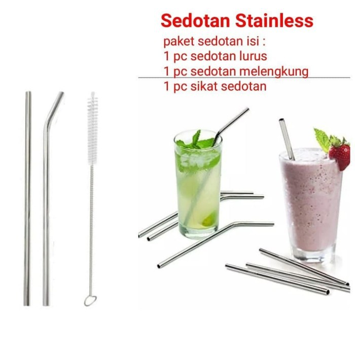 LT- [50GR] PAKET 3IN1 SIKAT SEDOTAN SILVER Stainless Steel lurus + melengkung