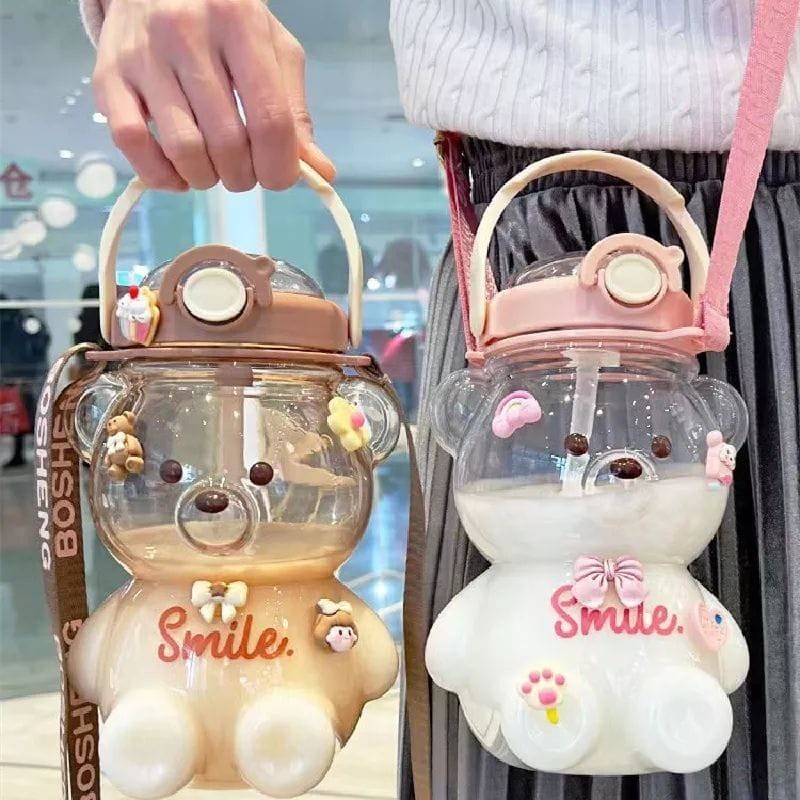 botol minum 1 liter 2 liter viral Kawaii Bear Straw Bottle Beruang 3D Transparan 1400 Liter