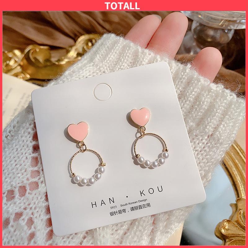 COD Anting-anting Geometris Lingkaran Kecil Manis Love Pearl Stud Earrings-Totall