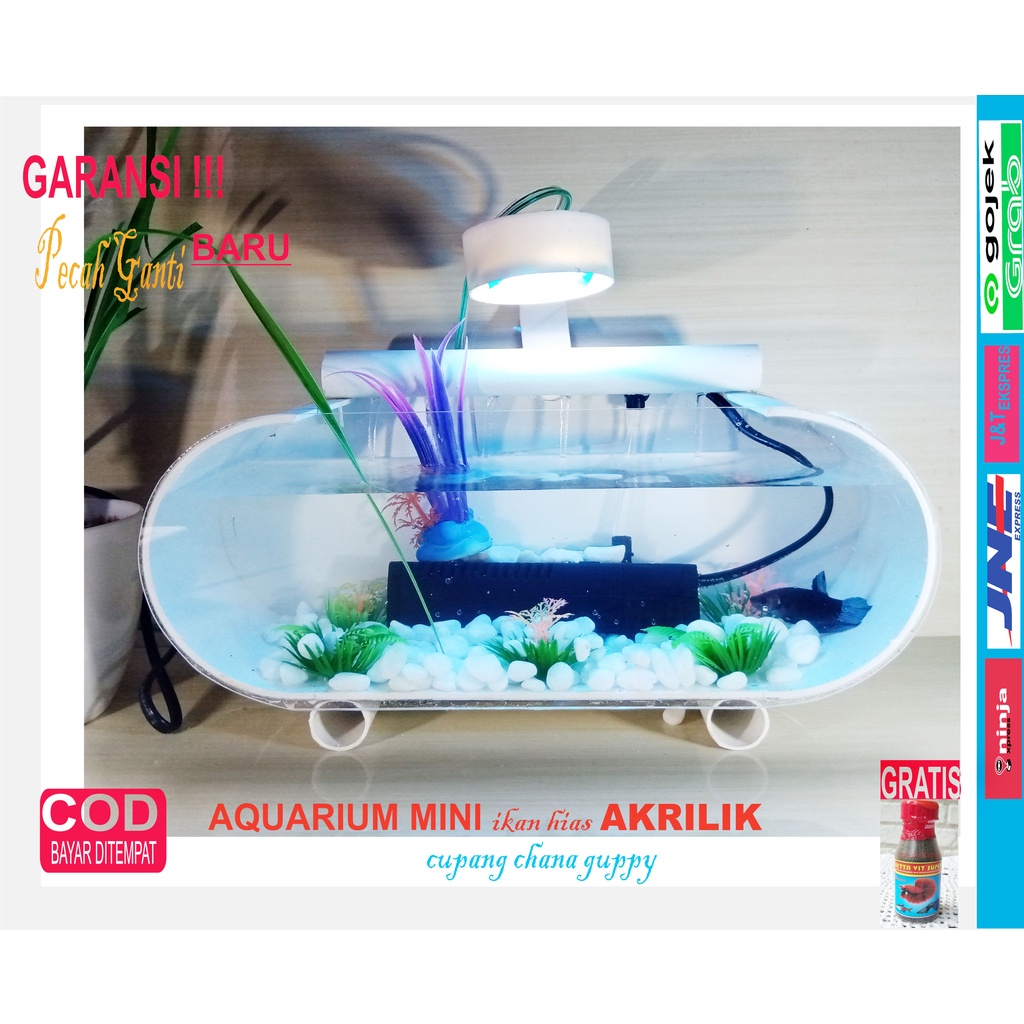 Aquarium MIni Akrilik Lampu Melengkung Bulat Pluss Mesin Filter