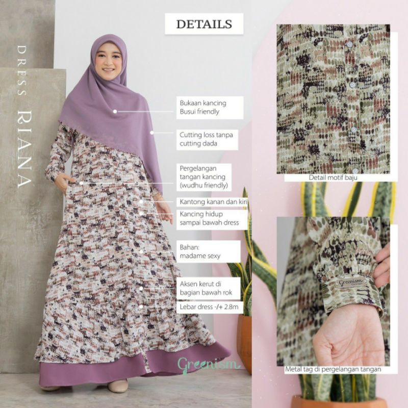 Gamis Lebaran Terbaru 2021 Free Masker Riana Dress Ori by Greenism
