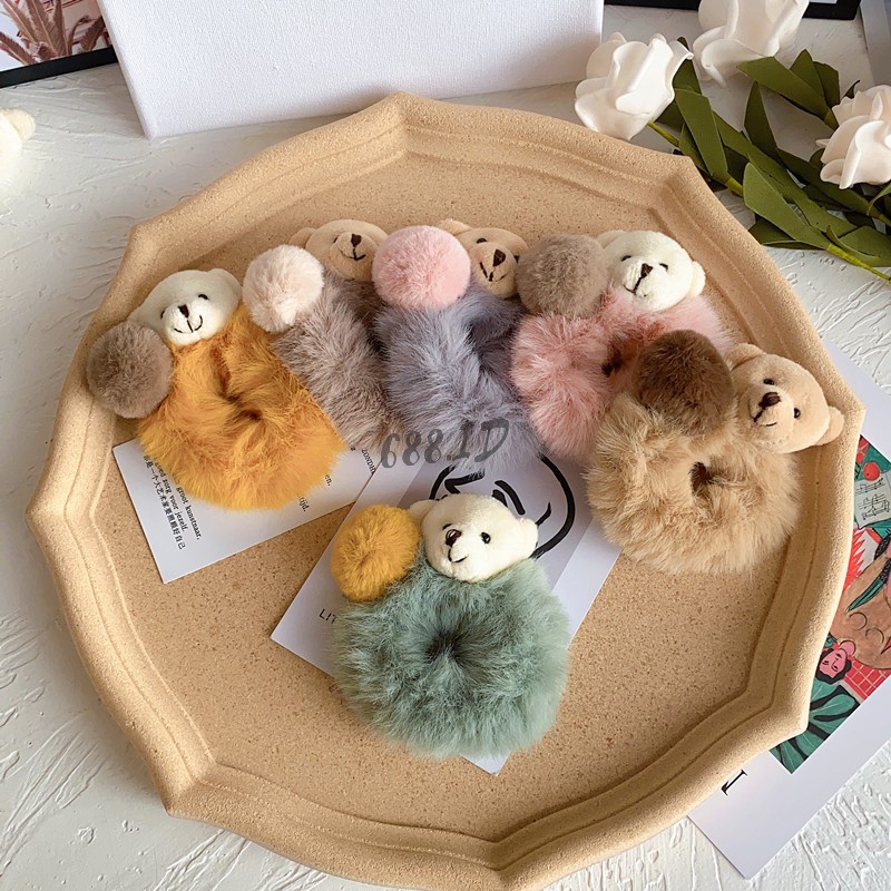 Ikat Rambut Scrunchie Bulu Lembut Tebal Model Kepala Beruang Teddy Bear untuk Wanita Anak Dewasa KCR 03