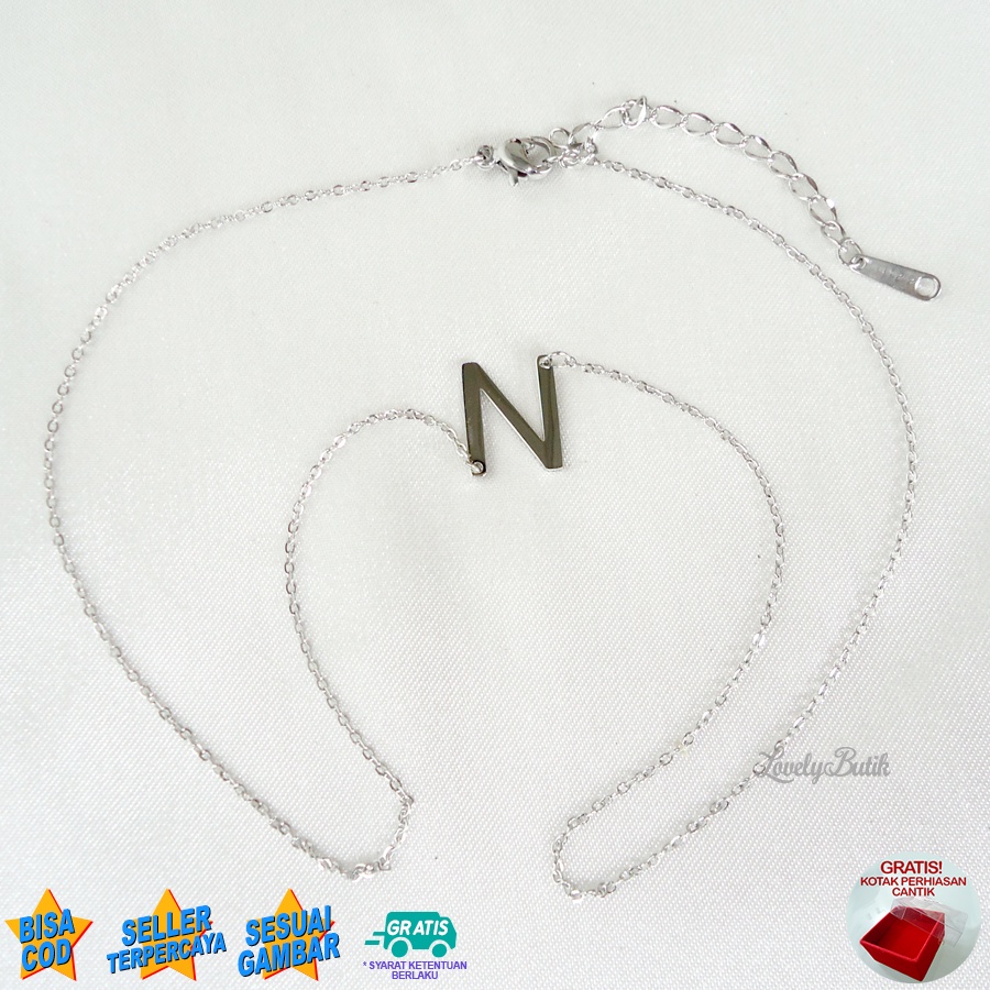 Lovelybutik Kalung Titanium Inisial Abjad L3tters Kalung Alfabet Huruf N,S Bahan Titanium Warna Silver Bonus Kotak Perhiasan