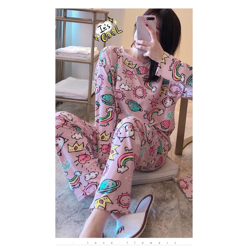 Setelan Lengan Panjang Piyama Baju Tidur Wanita Kartun Karakter Pajamas Dewasa-SET PJG Sunny Queen