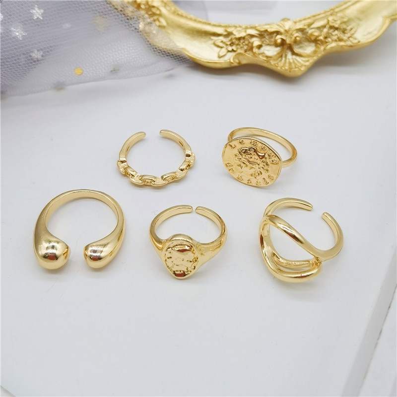 Prettygood5 Pcs/1Set Cincin Emas punk Aneka Bentuk Gaya Retro Korea Untuk Wanita -PD